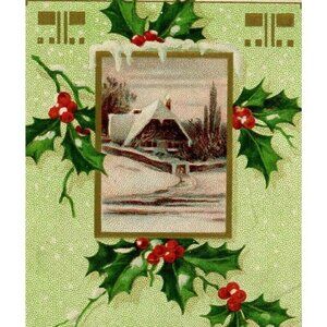 1880's Victorian Trade Card Christmas Season Snow Covered House Holly Stream!